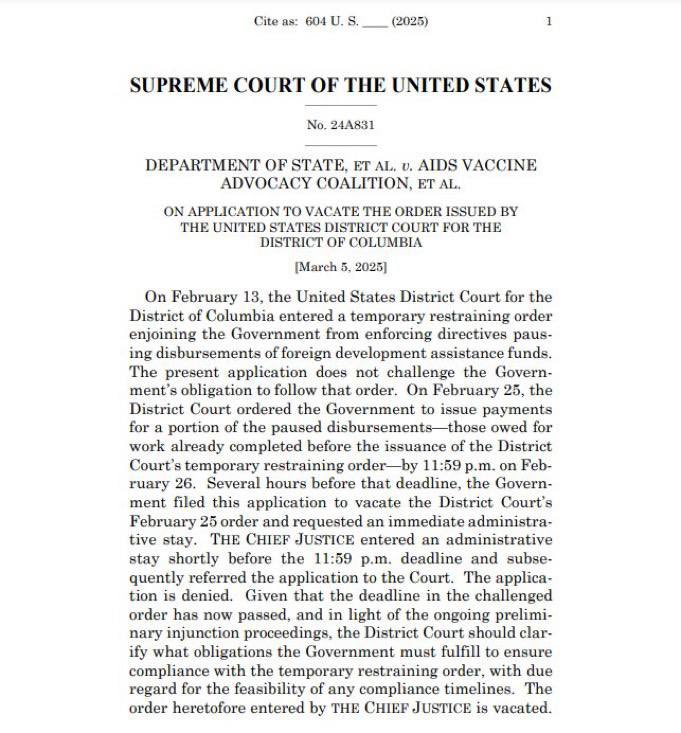 MJTruthUltra's tweet photo. BREAKING: The Supreme Court ruled, 5-4, the Trump admin must comply with a district court order and pay out nearly $2 billion in USAID 

Majority (5 votes) - Upheld the district court order:

 • Chief Justice John Roberts
 • Justice Amy Coney Barrett
 • Justice Elena Kagan
 • Justice Sonia Sotomayor
 • Justice Ketanji Brown

Dissent (4 votes) - Opposed the ruling:

 • Justice Samuel Alito
 • Justice Clarence Thomas
 • Justice Neil Gorsuch
 • Justice Brett Kavanaugh