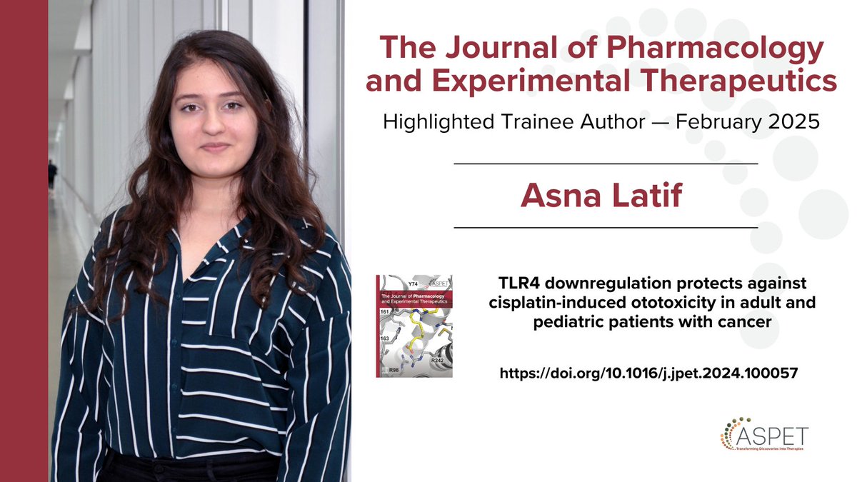 JPET (ASPET) (@jpet_journal) on Twitter photo Asna Latif, a PhD Candidate at <a href="/UAlberta/">University of Alberta</a>, is the February 2025 Highlighted Trainee Author for JPET. Her research addresses the role of pharmacogenomics in cancer therapy, specifically the development of hearing loss due to cisplatin treatment: doi.org/10.1016/j.jpet…. Asna Latif, a PhD Candidate at <a href="/UAlberta/">University of Alberta</a>, is the February 2025 Highlighted Trainee Author for JPET. Her research addresses the role of pharmacogenomics in cancer therapy, specifically the development of hearing loss due to cisplatin treatment: doi.org/10.1016/j.jpet….