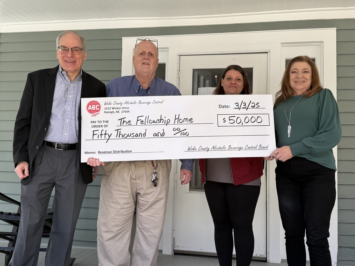 "WAKE ABC CARES" is a grant program that Wake County ABC manages for non-profit organizations who supply education and/or treatment for substance/alcohol abuse.  We recently awarded a grant to The Fellowship Home of Raleigh.  Started back in 1961, this organization provides a