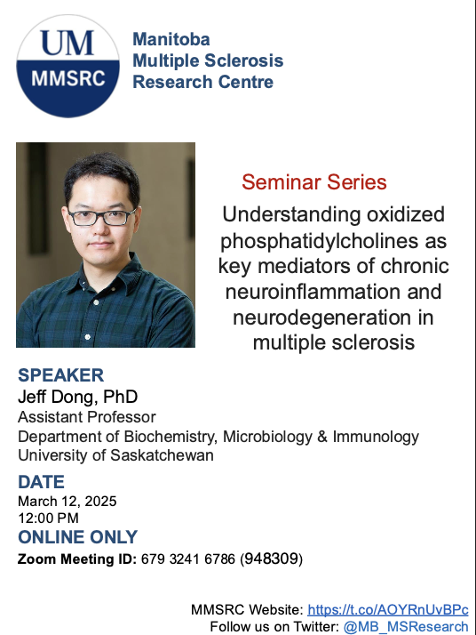 Manitoba MS Research Centre (@mb_msresearch) on Twitter photo Join us next Wednesday March 12 online to hear from <a href="/usask/">U of Saskatchewan</a> assistant professor Jeff Dong on chronic neuroinflammation mediators in MS! Join us next Wednesday March 12 online to hear from <a href="/usask/">U of Saskatchewan</a> assistant professor Jeff Dong on chronic neuroinflammation mediators in MS!