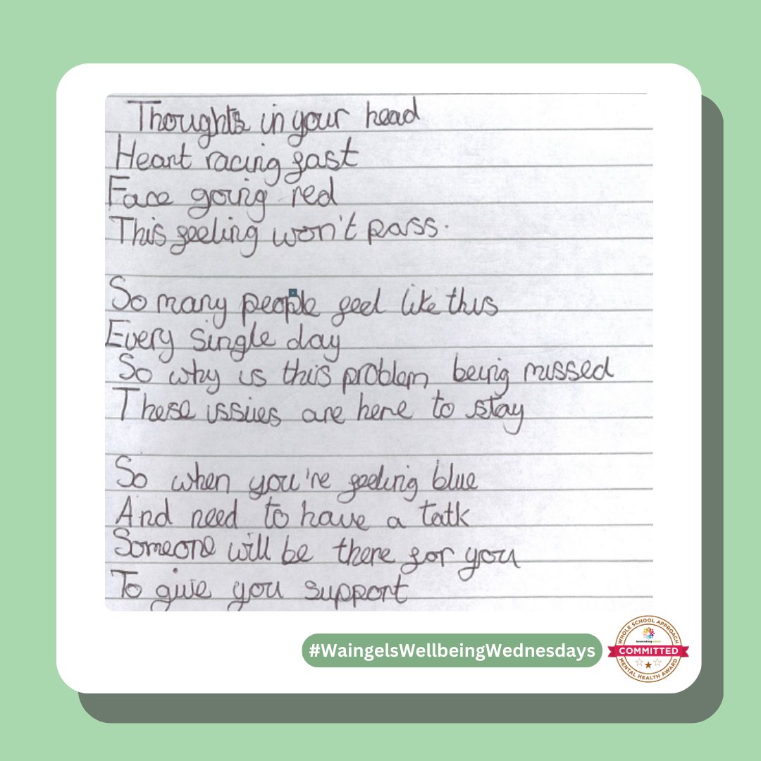 This is a poem written by 2 of our Year 8 students, their poem is all about mental health and the importance of having someone to talk to for support.

The wellbeing hub is always open for any students who want support. 😊