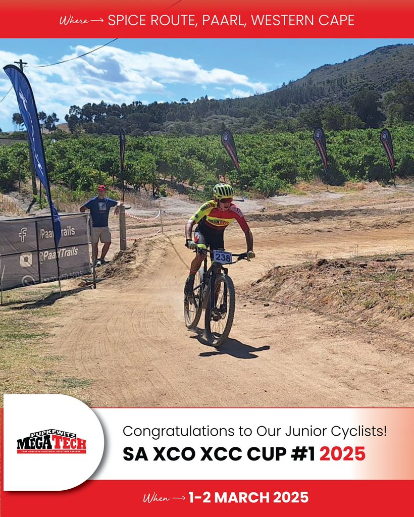 Congratulations to our Junior Cyclists! 🚴‍♂️🏆

Pupkewitz Megatech proudly celebrates our junior cyclists who took part in the 2025 SA CUP #1 at Spice Route, Paarl, Western Cape, on 1–2 March.

Over two days of intense mountain bike racing, they competed in the Cross-Country Short