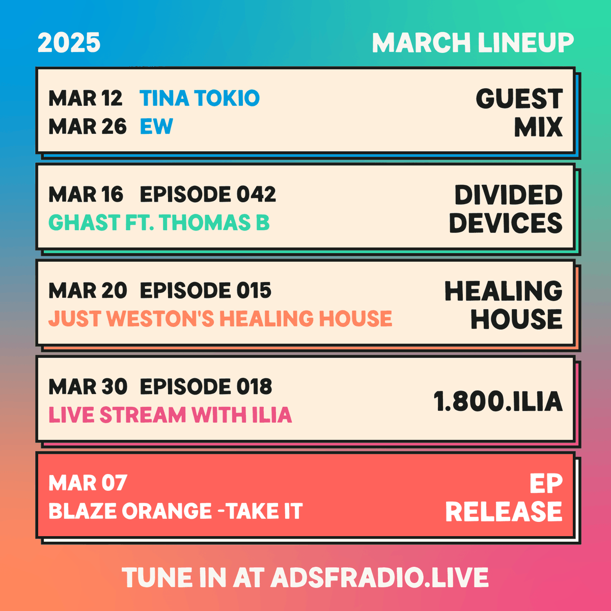 androids dungeon radio (@adsfradio) on Twitter photo MAR 25
RELEASES
Mar 07 <a href="/blazeorangeok/">BLAZE ORANGE</a> Take It EP
GUEST MIX
Mar 12 Tina Tokio (Germany)
GUEST MIX
Mar 26 Ew (Denver, USA)
Just Weston presents HEALING HOUSE
Mar 20 EP015
DIVIDED DEVICES with <a href="/GhastMusic/">GHAST</a>
Feb 16 Thomas B (Tucson, USA)
1-800-ILIA EP018
Mar 30 <a href="/imnotilia/">skeleton jones</a> MAR 25
RELEASES
Mar 07 <a href="/blazeorangeok/">BLAZE ORANGE</a> Take It EP
GUEST MIX
Mar 12 Tina Tokio (Germany)
GUEST MIX
Mar 26 Ew (Denver, USA)
Just Weston presents HEALING HOUSE
Mar 20 EP015
DIVIDED DEVICES with <a href="/GhastMusic/">GHAST</a>
Feb 16 Thomas B (Tucson, USA)
1-800-ILIA EP018
Mar 30 <a href="/imnotilia/">skeleton jones</a>