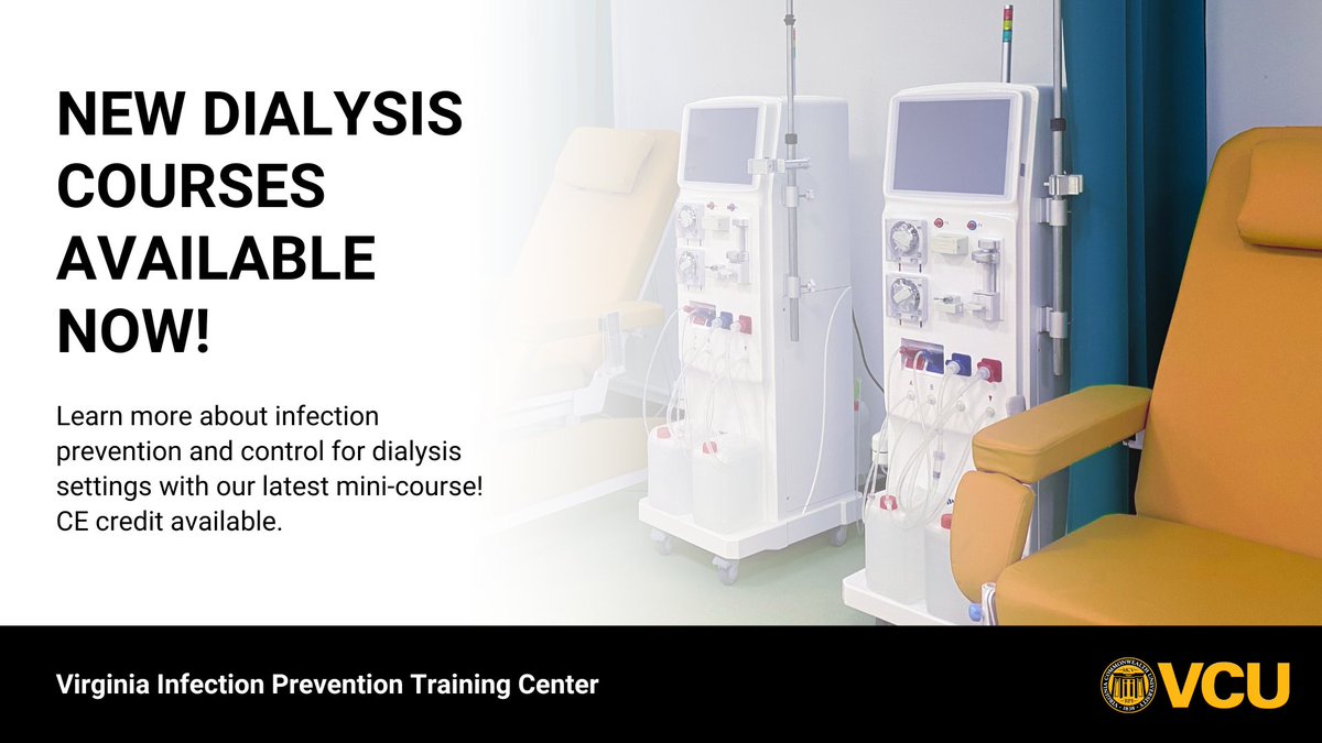 Virginia Infection Prevention Training Center (@viptc) on Twitter photo Infection prevention is critical in dialysis settings. Learn best practices for patient safety and more in VIPTC’s free mini-course, IPC Strategies in Dialysis Settings. CE credit offered.
Access course: bit.ly/3FgJdWD
#VIPTC #InfectionPrevention #DialysisSafety Infection prevention is critical in dialysis settings. Learn best practices for patient safety and more in VIPTC’s free mini-course, IPC Strategies in Dialysis Settings. CE credit offered.
Access course: bit.ly/3FgJdWD
#VIPTC #InfectionPrevention #DialysisSafety