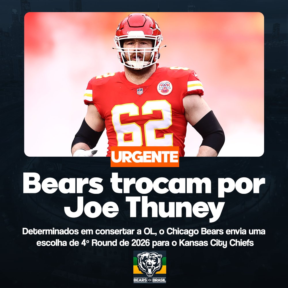 Bears_Brasil's tweet photo. O Chicago Bears envia um escolha de 4º Round de 2026 para o Kansas City Chiefs, de acordo com @RapSheet.
Está mais do que evidente que o foco na offseason é arrumar nossa  Linha Ofensiva, e essa segunda troca só reforça isso. Joe Thuney é um  veterano de 32 anos e tem no currículo 4 títulos de Super Bowl, foi  selecionado 3 vezes para o Pro Bowl e 4 vezes como All-Pro.