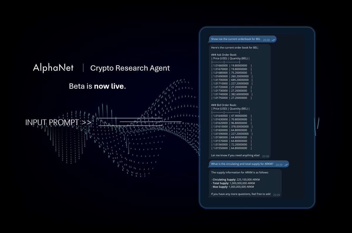 AlphaNet_AI's tweet image. AlphaNet Crypto Research Agent is now live for testing – check crypto information such as prices, market cap, supply, and real-time orderbook with a simple prompt. 

AI momentum analysis, performance benchmarking, AI fundamental analysis, and crypto deep research coming soon.

To…