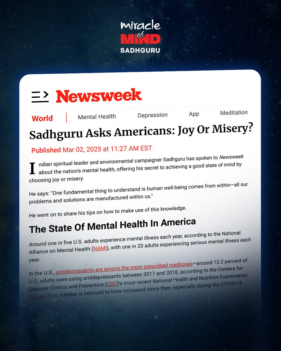 miraclemindapp's tweet image. In this Newsweek article, Sadhguru speaks about the new Miracle of Mind app and its potential as a solution for mental wellbeing around the world. Read Article: newsweek.com/sadhguru-menta…