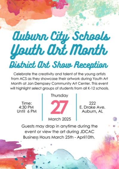 Auburn City Schools Youth Art will be displayed at the Jan Dempsey Community Center.