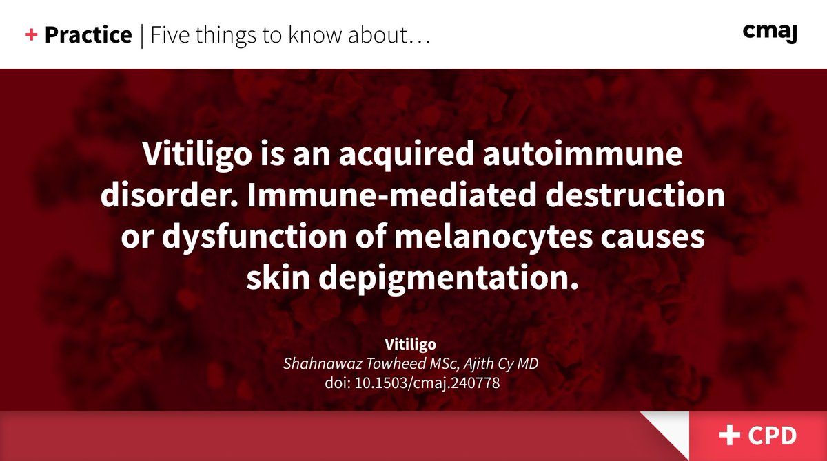 Vitiligo affects 0.5%–2% of individuals of all skin types worldwide and has a chronic, unpredictable course and no cure.
➡️ cmaj.ca/lookup/doi/10.…
(earn CPD credits)