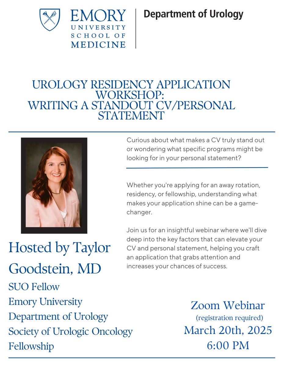 Applying for an away rotation, residency, or fellowship? Your CV and personal statement are your ticket to standing out!📄
Join our webinar on March 20th, 6-8pm EST. 
Use the link below to register for March 20th, 6-8pm EST. 🔗[zoom.us/meeting/regist…]

#urology #awayrotation