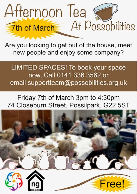 Don't forget! Afternoon tea at <a href="/Possobilities/">Possobilities</a> is taking place this Friday 7 March from 3pm. 

Head along for company, a tasty Friday treat and more - save your spot today by calling 0141 336 3562 or by email at supportteam@possobilities.org.uk