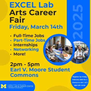 🎭 Exciting News! Join us for the Arts Career Fair hosted by the EXCEL Lab at SMTD on Fri, March 14, 2-5 PM in the Earl V. Moore Bldg. Student Commons. Explore full-time &amp; part-time jobs, internships, training programs, and networking opportunities! 🌟 #SMTD #ArtsCareerFair