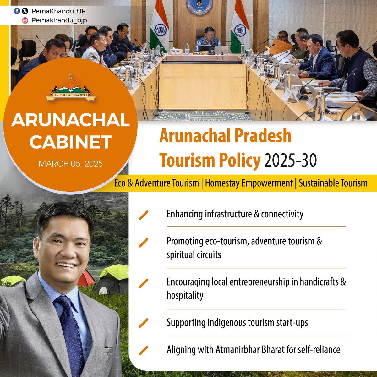 The Arunachal Pradesh Cabinet has approved the Tourism Policy 2025-30, marking a major step towards sustainable, community-driven, and high-value tourism in the state.

🔹 Infrastructure &amp; Connectivity – Strengthening road networks, eco-friendly accommodations, and digital