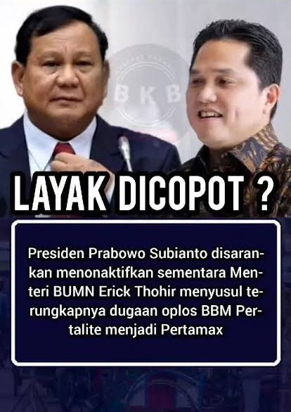 Prabowo tidak cukup punya nyali untuk mencopot Erick Tohir dari jabatannya sebagai Menteri BUMN.

Kenapa?
Sebab dia "Genk Solo"

SESIMPEL ITU