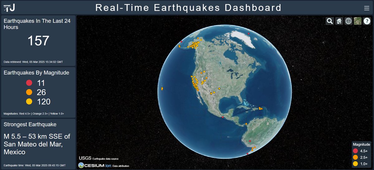 I think I’d like a future job in app or dashboard development, because I really enjoy it!

Here is my attempt at a Real-Time Earthquake Dashboard using US Geological Survey and Cesium APIs.

earthquake-dashboard.netlify.app