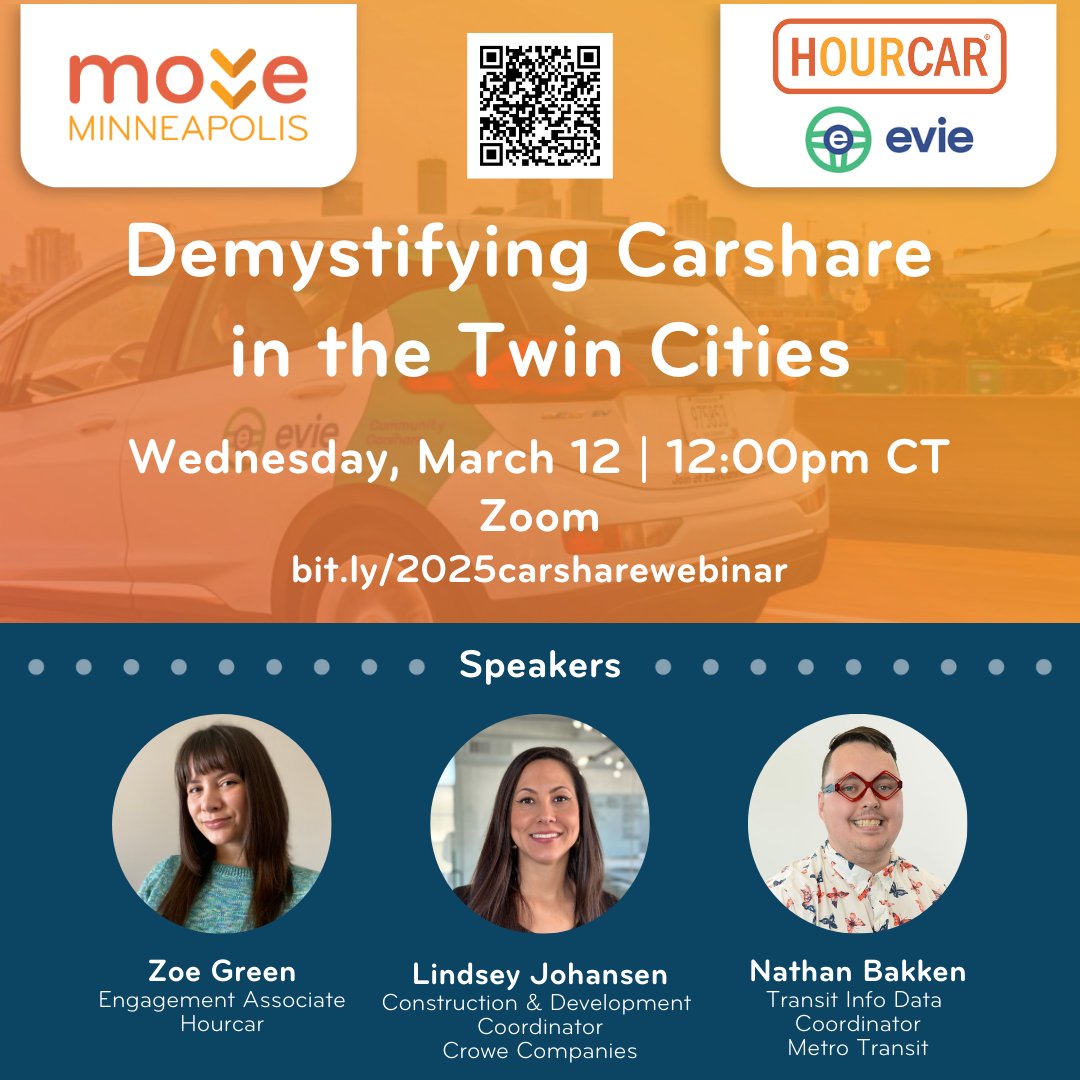 WEBINAR: "Demystifying Carshare in the Twin Cities"
Join a free webinar with Move Mpls and HOURCAR, to learn about carshare in the Twin Cities. How carshare works for individuals, businesses, and multifamily properties. 
 Wed, 3.12, 12- 1pm tinyurl.com/5c3yndfb