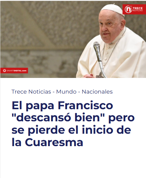 TreceNoticiasCR's tweet photo. El papa Francisco "descansó bien" pero se pierde el inicio de la Cuaresma
🔗 Lea la información completa aquí: https://t.co/vtiuzpNPgg
#Sinartdigital
#canaltrececr https://t.co/UUGYqvgsjF