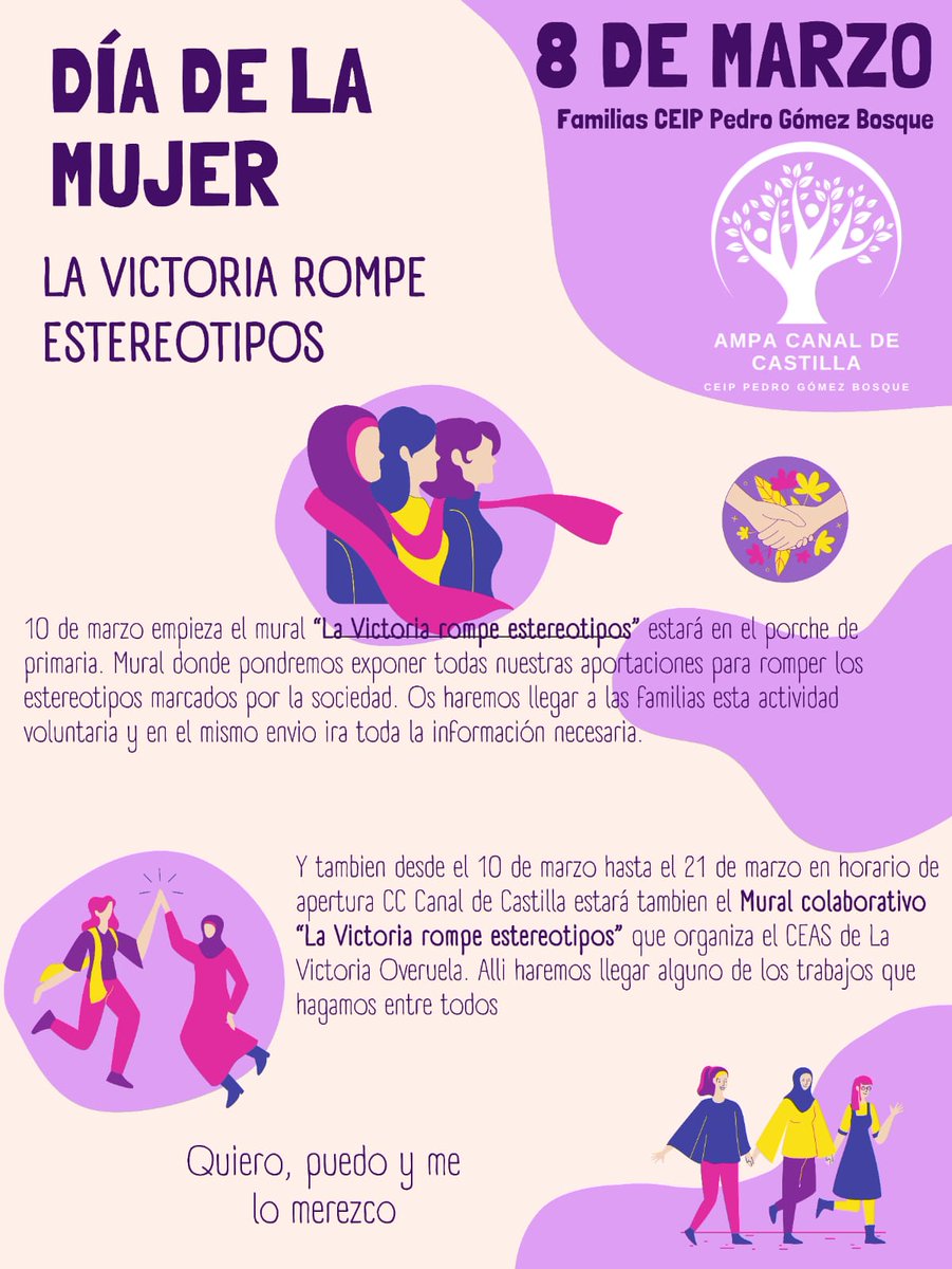 AMPA Canal de Castilla. CEIP PEDRO GÓMEZ BOSQUE (@ampacanal) on Twitter photo ✨💜 ¡Celebremos el #DíaDeLaMujer rompiendo estereotipos! 💜
📅 Desde el 10 de marzo, el mural "La Victoria rompe estereotipos" nos invita a reflexionar y aportar para construir un mundo más igualitario. 🎨
Porque quiero, puedo y me lo merezco. #8M #Igualdad <a href="/CEIPPedroGomezB/">CEIP PEDRO GÓMEZ BOSQUE (Valladolid)</a> ✨💜 ¡Celebremos el #DíaDeLaMujer rompiendo estereotipos! 💜
📅 Desde el 10 de marzo, el mural "La Victoria rompe estereotipos" nos invita a reflexionar y aportar para construir un mundo más igualitario. 🎨
Porque quiero, puedo y me lo merezco. #8M #Igualdad <a href="/CEIPPedroGomezB/">CEIP PEDRO GÓMEZ BOSQUE (Valladolid)</a>