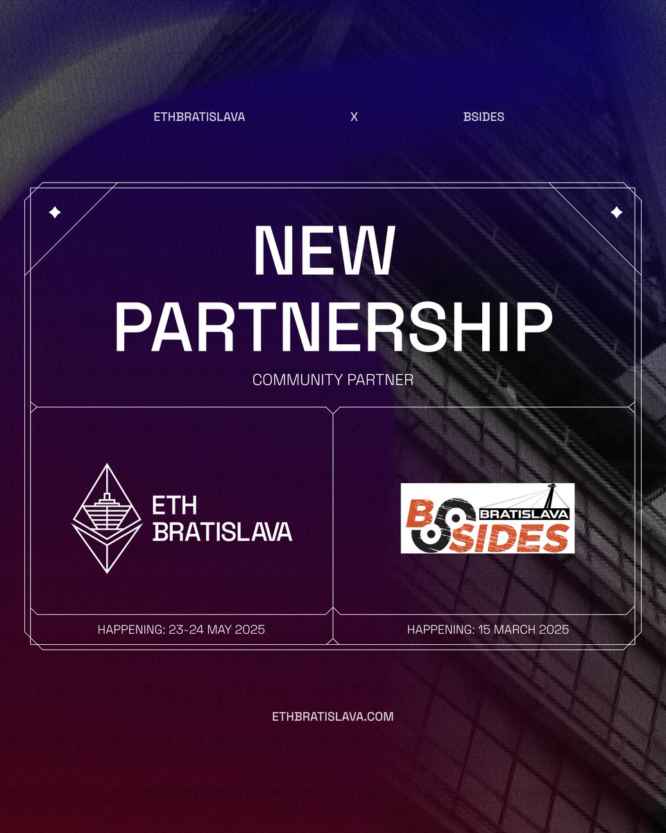 ETHBratislava 🇪🇺 (@eth_bratislava) on Twitter photo 🚨 New Community Partnership Alert!
#ETHBratislava is joining forces with <a href="/BSidesBA/">BSides Bratislava</a>, a volunteer-driven Information Security conference focused on openness, #privacy, and #security. 🔐
It’s the go-to event for those who take security seriously and want to level up their 🚨 New Community Partnership Alert!
#ETHBratislava is joining forces with <a href="/BSidesBA/">BSides Bratislava</a>, a volunteer-driven Information Security conference focused on openness, #privacy, and #security. 🔐
It’s the go-to event for those who take security seriously and want to level up their