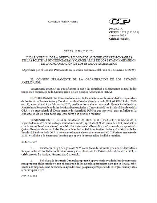 El Consejo Permanente aprobó la resolución “Lugar y fecha de la quinta reunión de autoridades responsables de las políticas penitenciarias y carcelarias de los Estados Miembros de la Organización de los Estados Americanos”
scm.oas.org/doc_public/SPA…