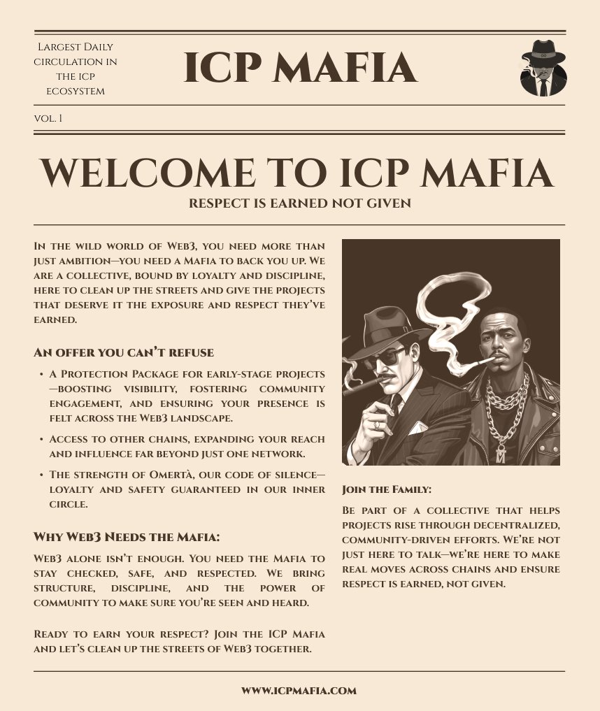 icpmafia's tweet image. Web3 is chaos. The Mafia brings order.
Respect isn’t given—it’s earned. We help the little guys stand tall, expanding across chains, enforcing Omertà, and ensuring you’re seen.
You know where to find us if you’re serious about making moves.
🕶 Join the Family.
🔗…