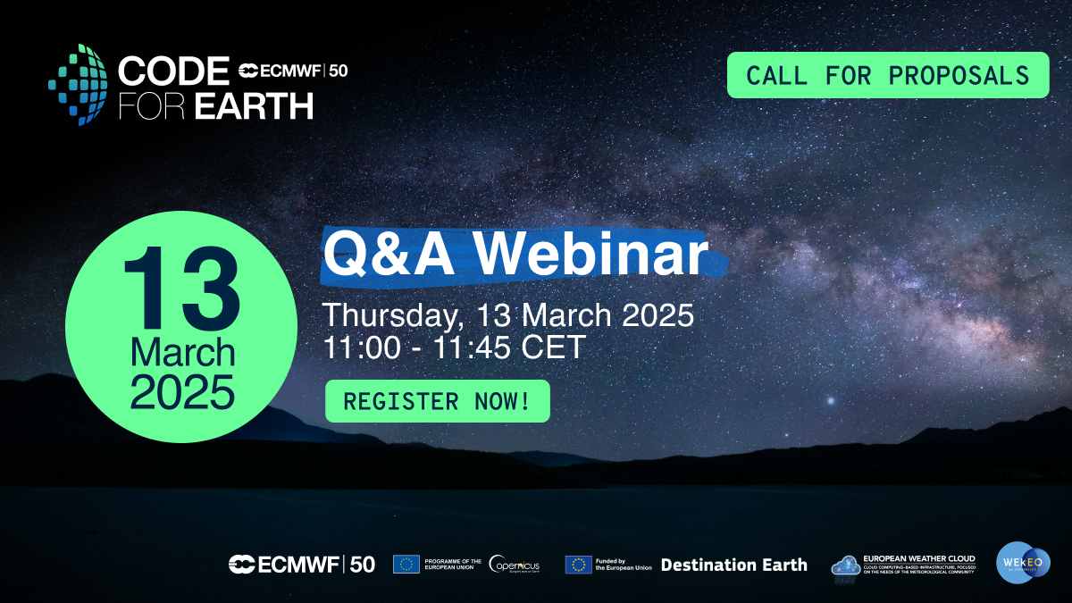 ECMWF Code for Earth (@ecmwfcode4earth) on Twitter photo Want to join #CodeforEarth but unsure how? ๐ค
โ๏ธ What makes a good proposal?
โ๏ธ Am I eligible?
โ๏ธ Can I apply alone?
๐๐ผ๐ถ๐ป ๐ผ๐๐ฟ ๐ค&๐ ๐๐ฒ๐ฏ๐ถ๐ป๐ฎ๐ฟ๐ ๐ณ๐ผ๐ฟ ๐ถ๐ป๐๐ถ๐ด๐ต๐๐ & ๐๐ถ๐ฝ๐! ๐ข
๐ 13/03/2025 โฐ 11:00-11:45 CET
Register now! ๐ codeforearth.ecmwf.int/qa-webinars/ Want to join #CodeforEarth but unsure how? ๐ค
โ๏ธ What makes a good proposal?
โ๏ธ Am I eligible?
โ๏ธ Can I apply alone?
๐๐ผ๐ถ๐ป ๐ผ๐๐ฟ ๐ค&๐ ๐๐ฒ๐ฏ๐ถ๐ป๐ฎ๐ฟ๐ ๐ณ๐ผ๐ฟ ๐ถ๐ป๐๐ถ๐ด๐ต๐๐ & ๐๐ถ๐ฝ๐! ๐ข
๐ 13/03/2025 โฐ 11:00-11:45 CET
Register now! ๐ codeforearth.ecmwf.int/qa-webinars/