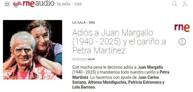 Con mucha pena le decimos adiós a Juan Margallo (1940 - 2025) y mandamos todo nuestro cariño a Petra Martínez y a la familia. 

Lo hacemos con ayuda de Juan Carlos Soriano, Alfonso Mendiguchía, Patricia Estremera y Lola Barroso.

📻🎧rtve.es/play/audios/la…