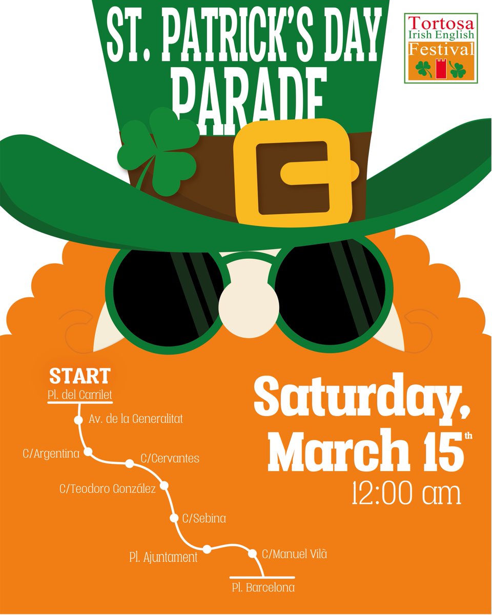🇮🇪 Yes! Today is the day! 

Today we announce our Saint Patrick’s Day Parade!

Join us on Saturday March 15th to our Parade Grand Parade that will start at Plaça del Carrilet and will arrive at Plaça Barcelona, marching through the main streets of our city!