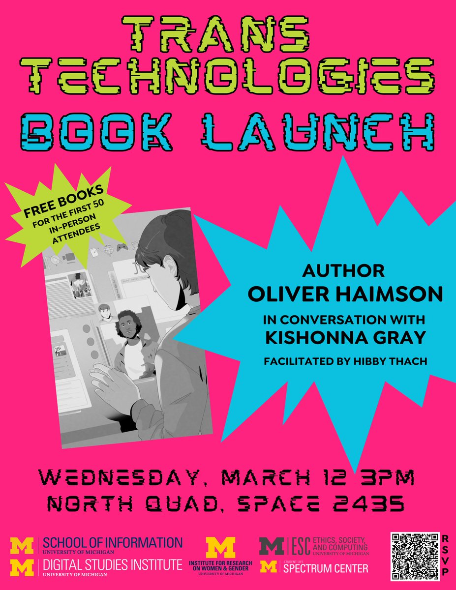 Join us for a DSI Book Talk with Oliver Haimson &amp; Kishonna Gray on March 12 @ 3 PM for a talk on how trans experiences shape technology &amp; innovation.

📍 NQ 2435
Register In-Person event: bit.ly/4hn8ts3
Register Virtual event:bit.ly/4g7Wvl7

#TransTechnologies