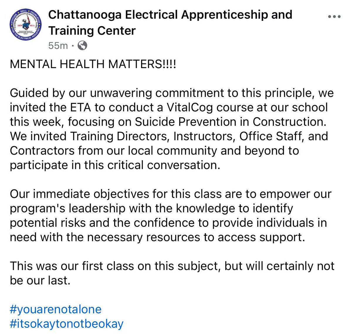 IBEWNECAetA's tweet photo. Huge shoutout to the Chattanooga Electrical Apprenticeship and Training Center for hosting this life-changing, life-saving training. We will always be better when we take care of each other.

#MentalHealthMatterse #StrongerTogether #SuicidePrevention #etATraining https://t.co/t6hb1g9Y41