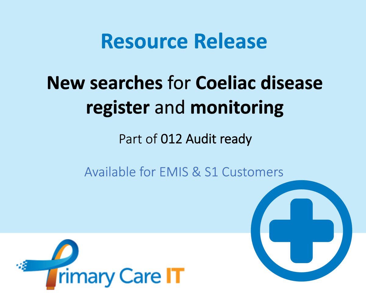 PrimaryCare IT (@primarycareit) on Twitter photo 📢 We have produced a new set of searches to identify your coeliac disease register and an overview of bloods monitoring requirements, utilising the latest NICE guidelines.
🔍 Found in folder 012 Audit Ready
EMIS: support.primarycareit.co.uk/portal/en-gb/k…
SystmOne: support.primarycareit.co.uk/portal/en-gb/k… 📢 We have produced a new set of searches to identify your coeliac disease register and an overview of bloods monitoring requirements, utilising the latest NICE guidelines.
🔍 Found in folder 012 Audit Ready
EMIS: support.primarycareit.co.uk/portal/en-gb/k…
SystmOne: support.primarycareit.co.uk/portal/en-gb/k…