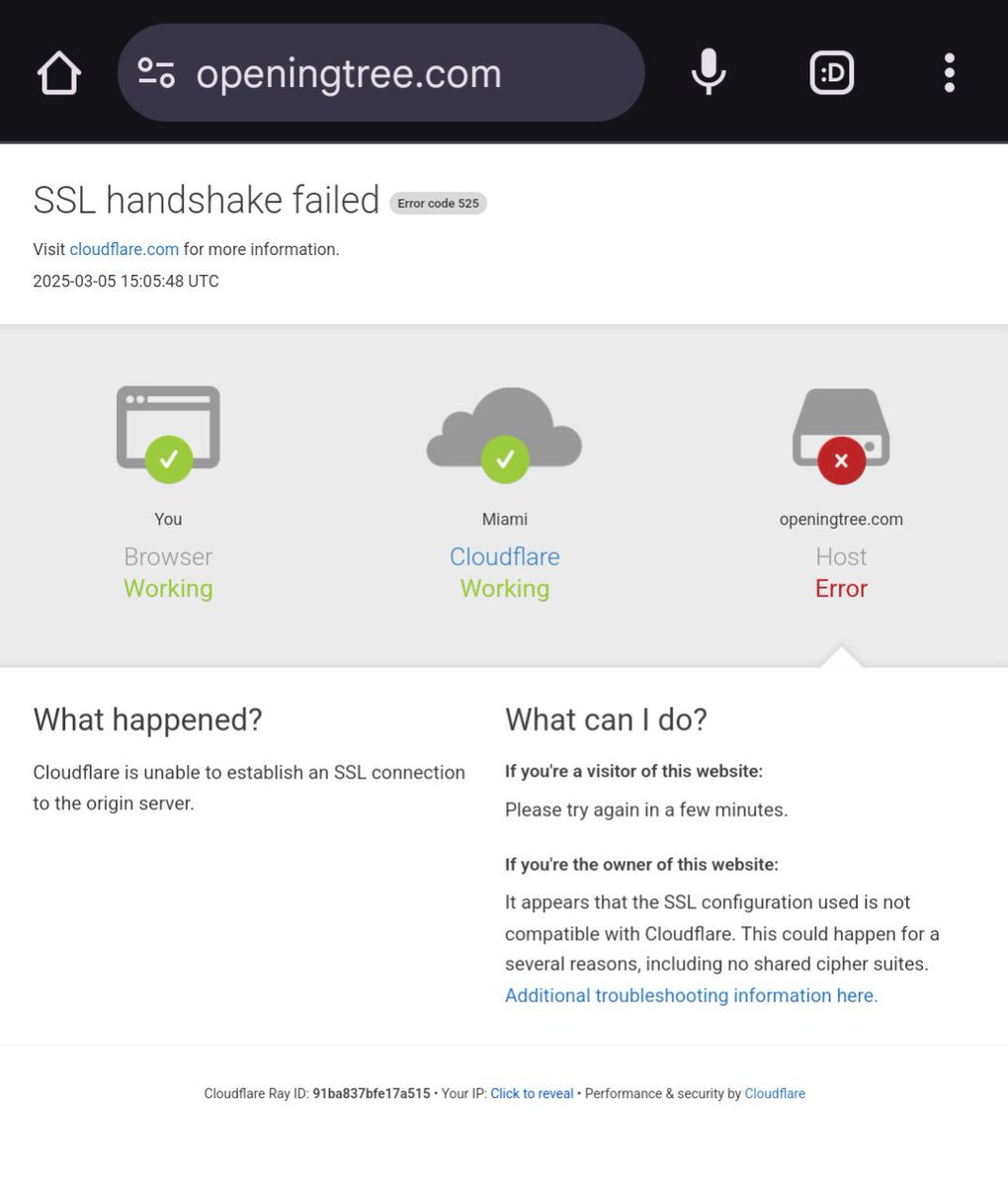 thestrongchess's tweet image. Thanks to my genius coworker for finding this!
If you have been getting this error from OpeningTree on mobile: navigate to "www dot openingtree dot com" instead of "openingtree dot com" and it will work again.