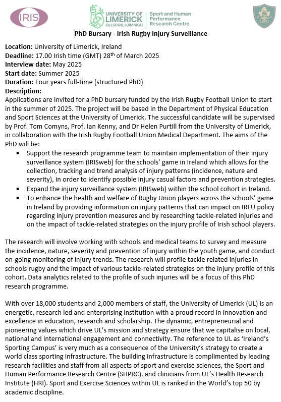 Irish Rugby Injury Surveillance, IRIS Project (@iris_rugby) on Twitter photo Applications invited for PhD bursary on the Irish Rugby Injury Surveillance project funded by <a href="/IrishRugby/">Irish Rugby</a>
🏉Focused on schools rugby and the tackle event
⏰Closing date 28th March 2025
❓Queries to <a href="/comyns_tommy/">Tommy Comyns PhD, OLY</a> <a href="/IanCKenny/">Ian Kenny</a> Applications invited for PhD bursary on the Irish Rugby Injury Surveillance project funded by <a href="/IrishRugby/">Irish Rugby</a>
🏉Focused on schools rugby and the tackle event
⏰Closing date 28th March 2025
❓Queries to <a href="/comyns_tommy/">Tommy Comyns PhD, OLY</a> <a href="/IanCKenny/">Ian Kenny</a>
