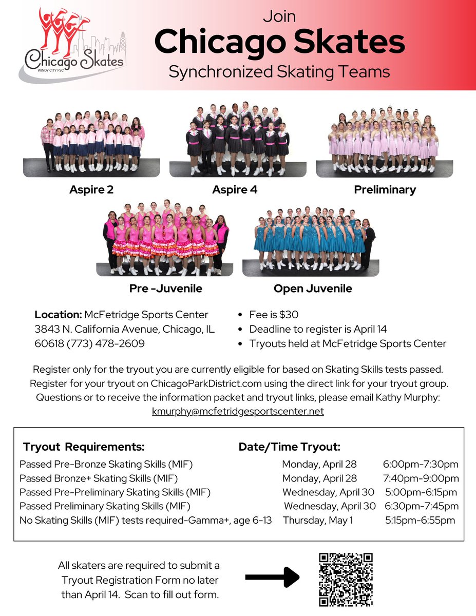 McFetridge Sports Center (@mcfetridgesc) on Twitter photo Interested in joining a Chicago Skates Synchronized Skating Team? ⛸️ Tryouts are opening next month.
📧 Questions or to receive the information packet and tryout links, please email Kathy Murphy: kmurphy@mcfetridgesportscenter.net Interested in joining a Chicago Skates Synchronized Skating Team? ⛸️ Tryouts are opening next month.
📧 Questions or to receive the information packet and tryout links, please email Kathy Murphy: kmurphy@mcfetridgesportscenter.net