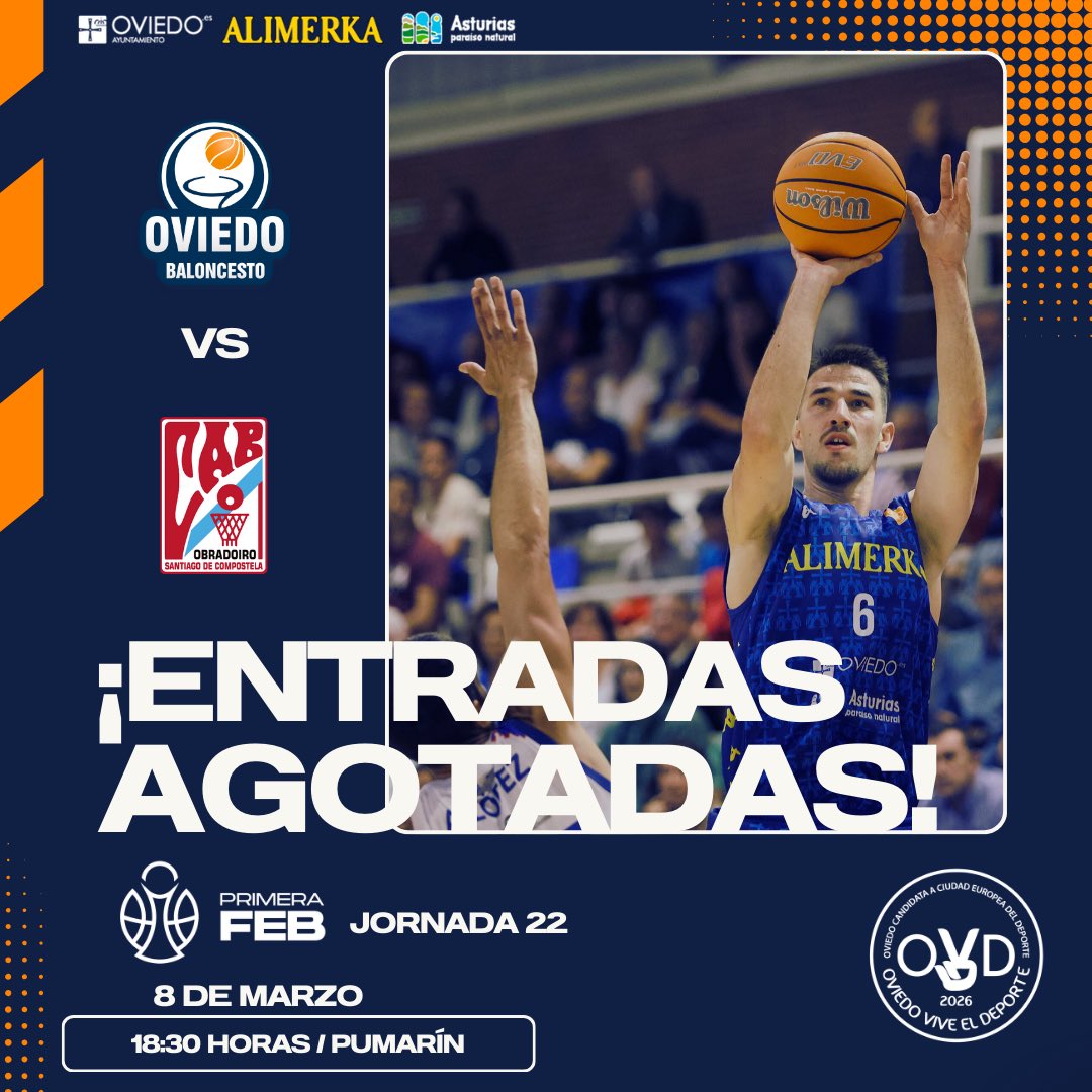 ❌ ENTRADAS AGOTADAS ❌

🏆 Primera FEB - J22
🆚 <a href="/OBRADOIROCAB/">OBRADOIRO CAB</a> 
📅 8 MAR | ⏰ 18:30 H
🏟️ Pumarín

¡Gracias, afición! 💙🔥

#AlimerkaOCB #YoSoyOCB #OviedoViveElDeporte 🏀