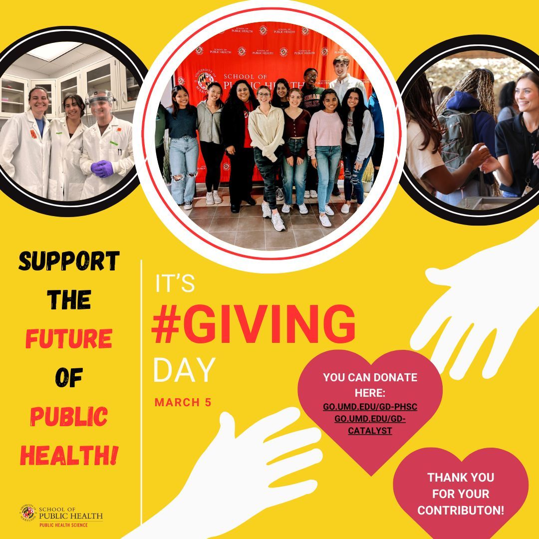 🚨 It’s Giving Day at UMD! Support Public Health Science and the Catalyst Initiative and help students gain the knowledge and skills to tackle today’s public health challenges. Let’s build a healthier tomorrow together! 🌱 #GivingDay #UMD #PublicHealthScience