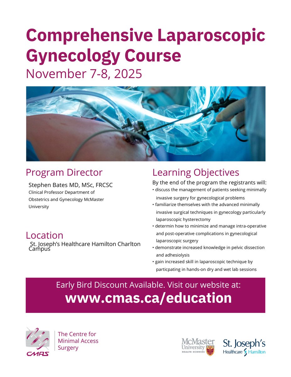 Early bird registration is now open for the annual Comprehensive Laparoscopic Gynecology Course. Join us November 7-8, 2025 for didactics, live surgery broadcast and hands on learning. Register today at CMAS.ca/education #MedEd #laparoscopy