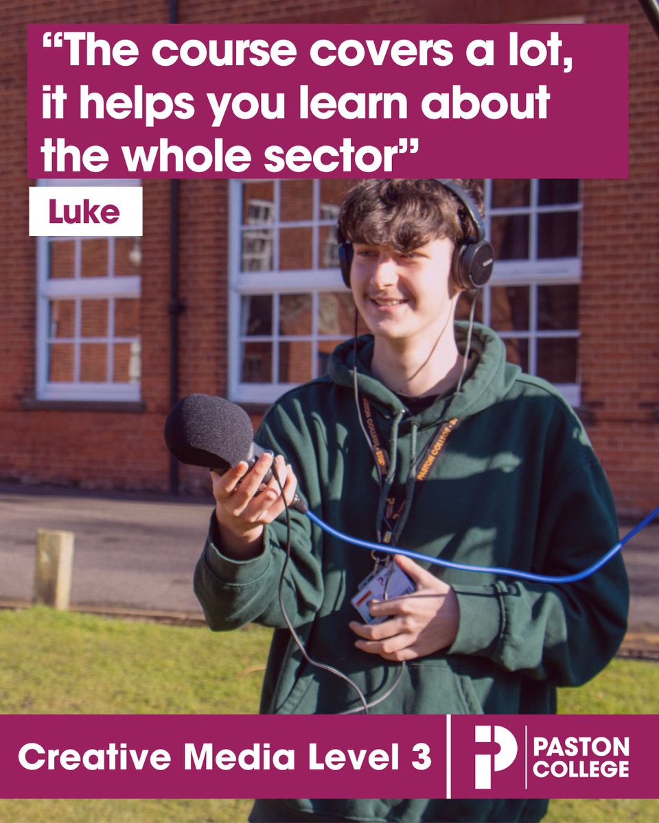 On our Creative Media course you will develop practical skills in creative digital media production and gain an understanding of how to work within the media industries.

Find out more: paston.ac.uk/16-18/subject-…