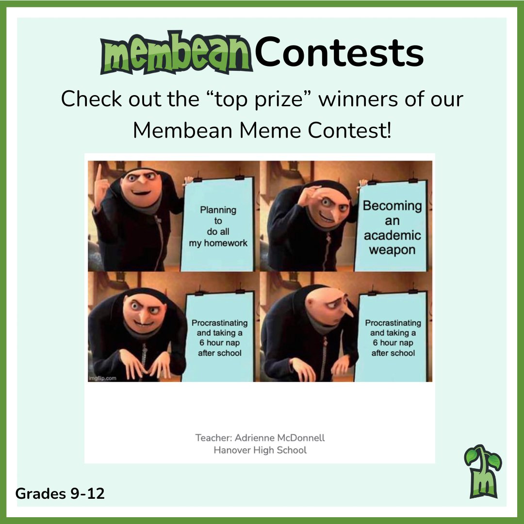 🎉 Our Membean Meme Contest winners have be decided! 🏆👑

See all the winners or download the lesson to try it out for yourself on our website.

#ThatsAMembeanWord #MembeanMeme #ContestWinners #CelebratingExcellence
