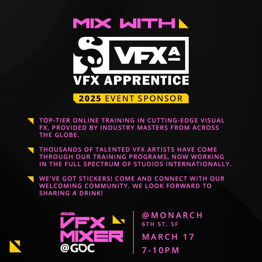 Beyond_FX's tweet photo. 📍 Will you be at #GDC2025 this year?

👋 Stop by the #VFXMixer on Monday, March 17 @ 7:00 PM to mix with the folks from @VFXApprentice

#VFX #RealTimeVFX #GameDev https://t.co/IeEFeMbte7