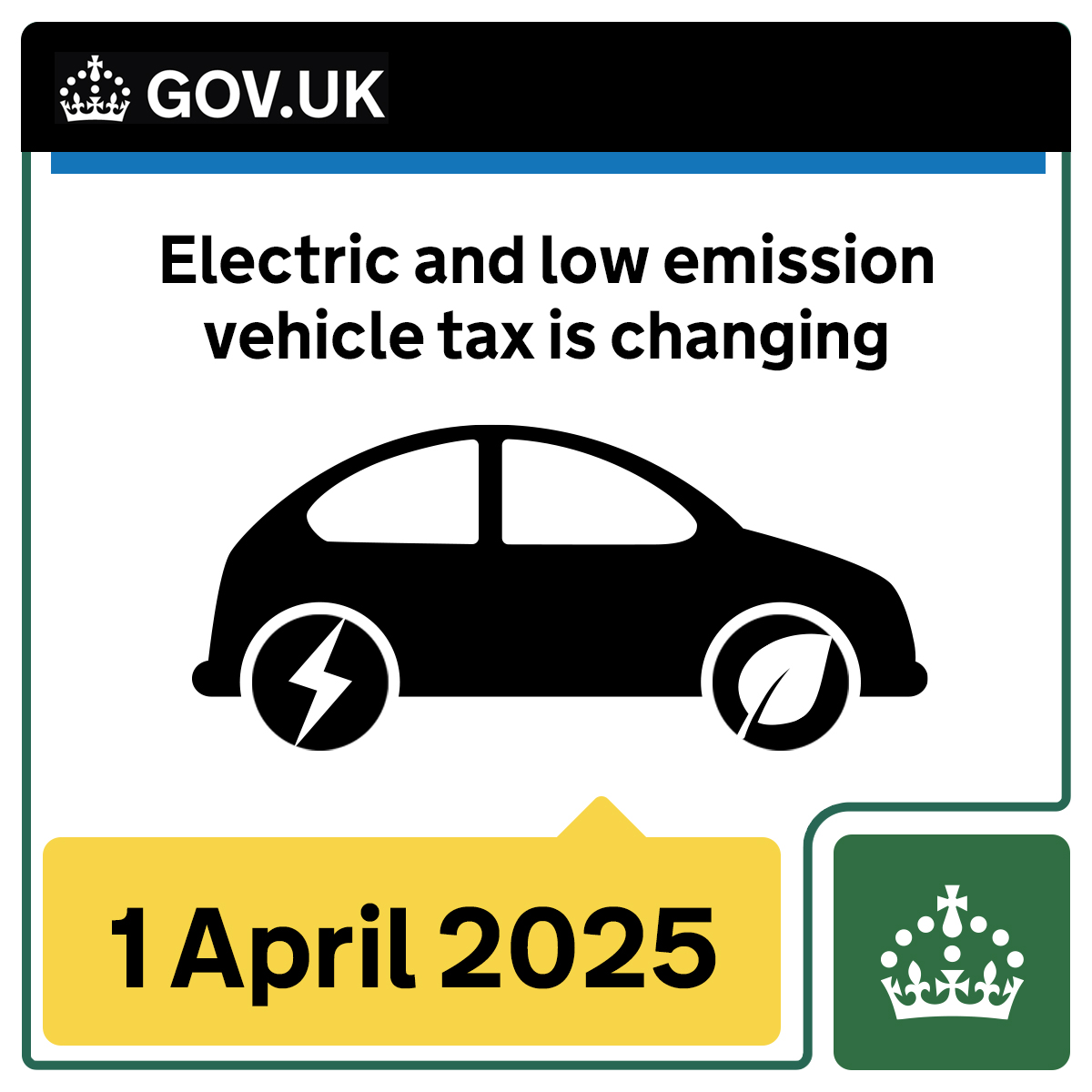 From 1 April 2025, vehicle tax is changing for electric and low emission vehicles.

See how these changes affect you 👉 gov.uk/dvla/electricv…