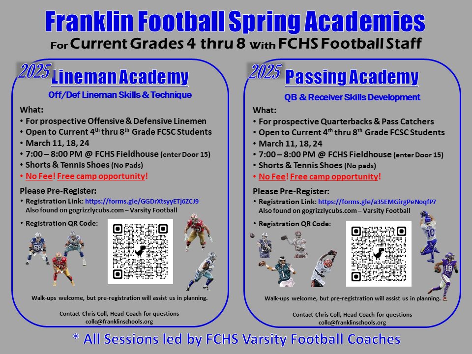 GrizzlyCubsFB's tweet image. Reminder that our first Spring Youth Academy date is next Tuesday, March 11th. Looking forward to working with our current 4th thru 8th graders! Please pre-register. See flyer for details.