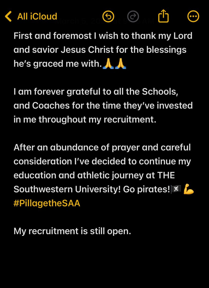 𝕁𝕖𝕣𝕖𝕞𝕚𝕒𝕙 𝕎𝕚𝕝𝕜𝕚𝕟𝕤 (@jeremiahmlb33) on Twitter photo ALL GLORY TO GOD ABOVE ME!
I’m excited to announce my commitment to Southwestern University. Go Pirates!💛🏴☠️🖤
<a href="/50plusPirate/">Coach Chip Killian</a> <a href="/CoachBishopSU2/">Coach John Bishop</a> <a href="/CoachMaskSU/">Coach Nick Mask</a> <a href="/coach_kriesel/">Coach Bill Kriesel</a> <a href="/CoachYoung_7/">Andrew Young</a> <a href="/Workman7479/">Andy Workman B.S., M.A.</a>
<a href="/SouthwesternU/">Southwestern University</a> <a href="/SUPiratesFB/">Southwestern FB</a> <a href="/SUPiratesFB/">Southwestern FB</a> ALL GLORY TO GOD ABOVE ME!
I’m excited to announce my commitment to Southwestern University. Go Pirates!💛🏴☠️🖤
<a href="/50plusPirate/">Coach Chip Killian</a> <a href="/CoachBishopSU2/">Coach John Bishop</a> <a href="/CoachMaskSU/">Coach Nick Mask</a> <a href="/coach_kriesel/">Coach Bill Kriesel</a> <a href="/CoachYoung_7/">Andrew Young</a> <a href="/Workman7479/">Andy Workman B.S., M.A.</a>
<a href="/SouthwesternU/">Southwestern University</a> <a href="/SUPiratesFB/">Southwestern FB</a> <a href="/SUPiratesFB/">Southwestern FB</a>