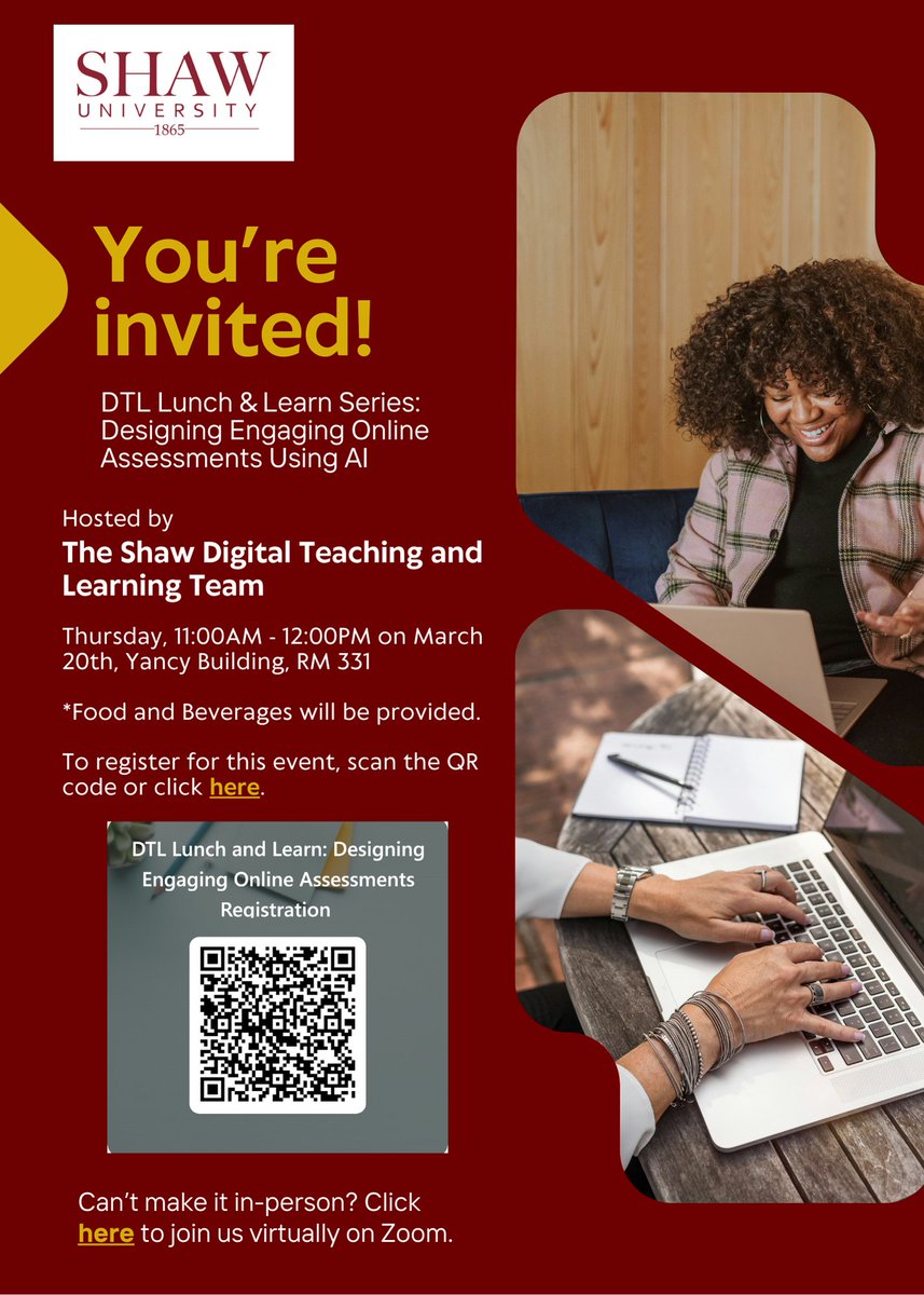 ShawU_DTL's tweet image. Shaw Faculty &amp;amp; Staff, 

Registration is open!  Join us for our second DTL Lunch and Learn session. Scan the QR Code to register or register at: lnkd.in/etPrVRkQ 

#AI #digitalteaching #digitallearning #lunchandlearn #facultysuccess #Shawudtl #shawuniversity #EdTech