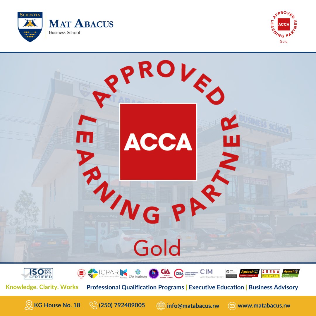 MAT ABACUS Rwanda has officially been ranked as an ACCA Gold Tuition Provider by ACCA UK! 🏅🇷🇼
We are Rwanda’s ONLY Gold Provider, joining an elite group in East Africa.

A huge thank you to our incredible team, board, and ACCA Kenya for their support. Let’s keep shaping the