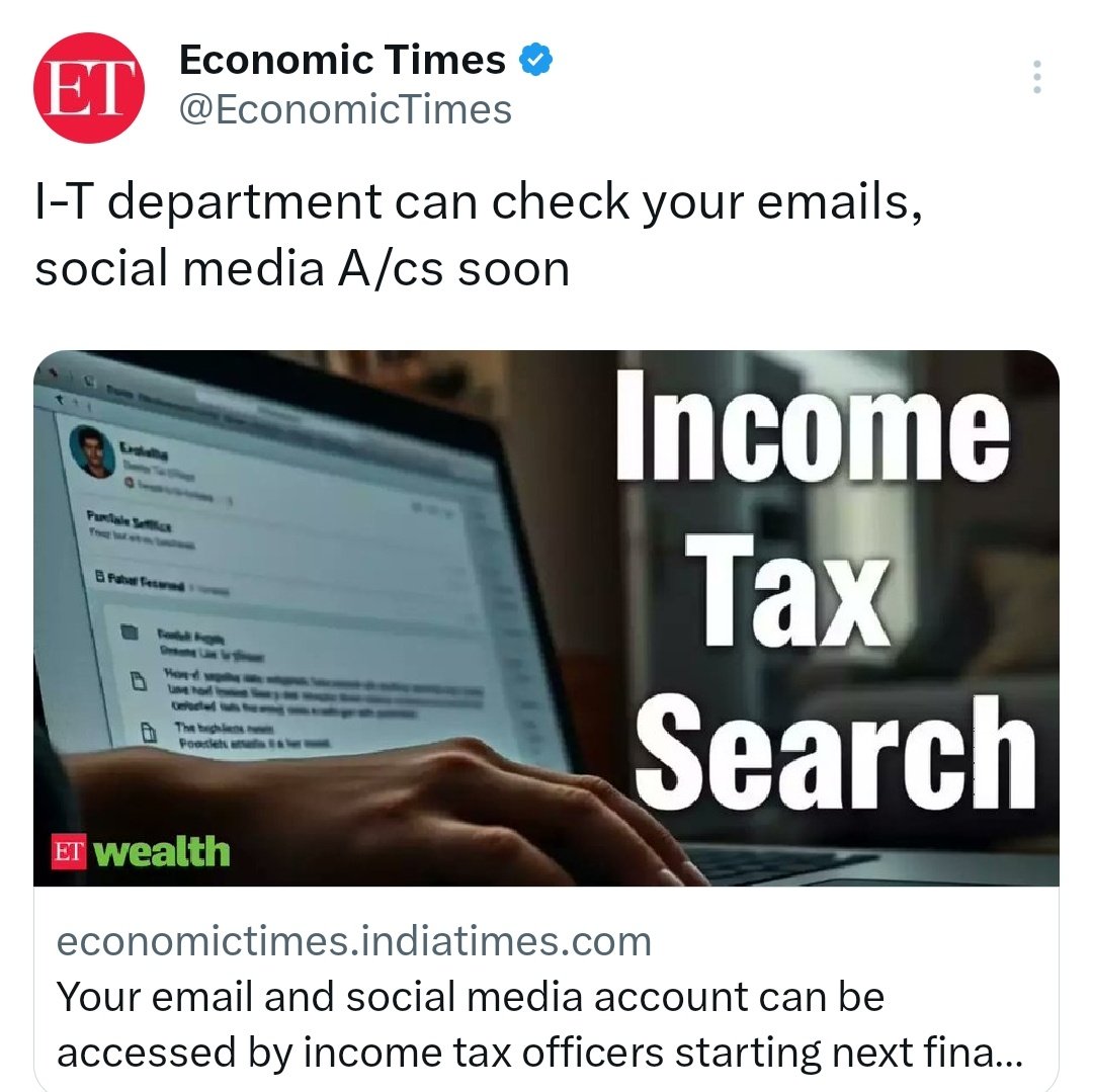 bharath_deshini's tweet image. Starting 1st April 2026,
The income tax department will have the legal authority to break into and access your social media accounts, personal emails, bank accounts, online investment accounts, trading accounts and more if they suspect that you have evaded income tax.
#IncomeTax