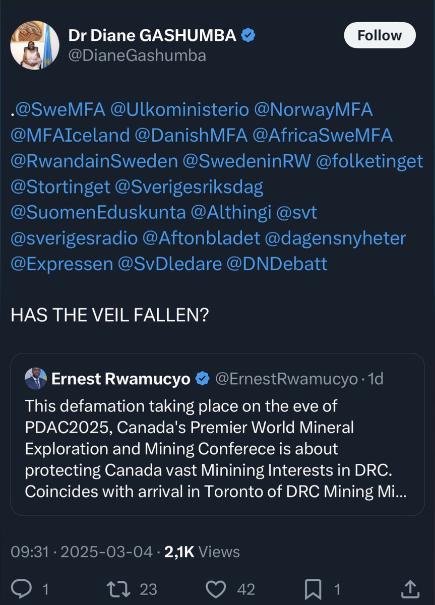 Nyanja Brodin (@nyanjabrodin) on Twitter photo Yesterday the ambassador insinuated that just like Canada, Sweden, Norway, Finland, Iceland, Denmark may have mining interest in DRC and the veil has fallen. Is this true?
<a href="/DianeGashumba/">Dr Diane GASHUMBA</a> Why did you delete this post? Tactics of intimidation and lying degrades democracy, Yesterday the ambassador insinuated that just like Canada, Sweden, Norway, Finland, Iceland, Denmark may have mining interest in DRC and the veil has fallen. Is this true?
<a href="/DianeGashumba/">Dr Diane GASHUMBA</a> Why did you delete this post? Tactics of intimidation and lying degrades democracy,