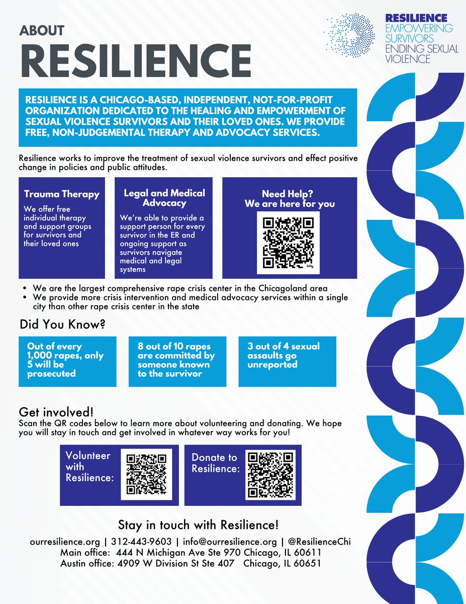 Resilience is a Chicago-based, independent, nonprofit organization dedicated to the healing and empowerment of sexual violence survivors and their loved ones.

For more information and resources visit: ourresilience.org