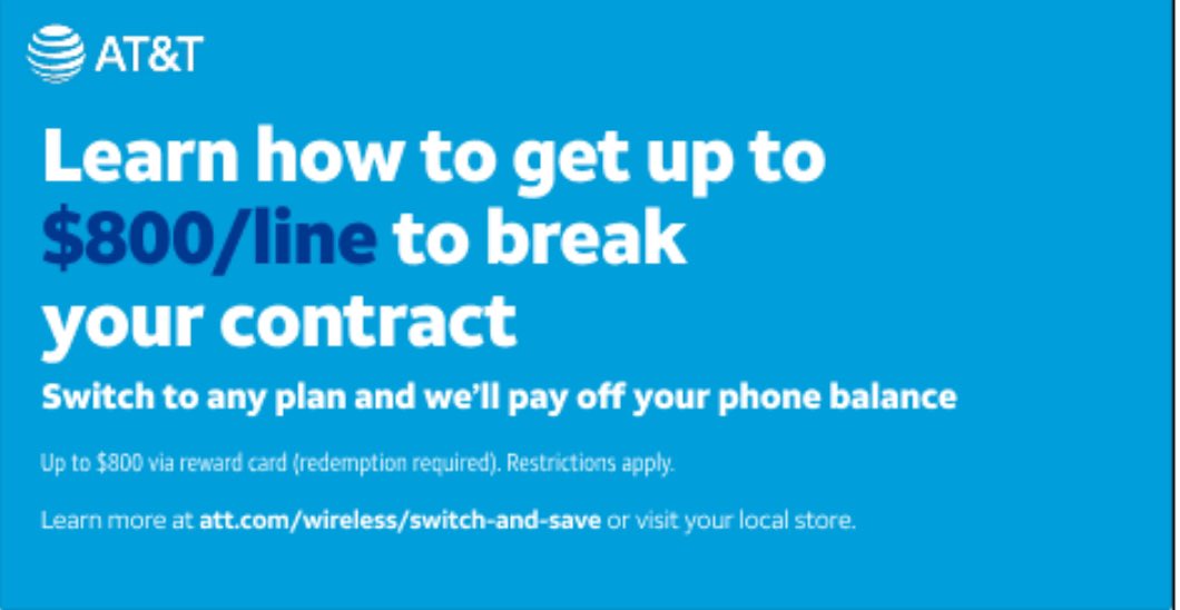 Learn how to switch to AT&amp;T and get up to $800 to break your contract. Up to $800 via reward card (redemption required). Details at 
att.com/wireless/switc…
Spread the word! We have the BEST deals for everyone!