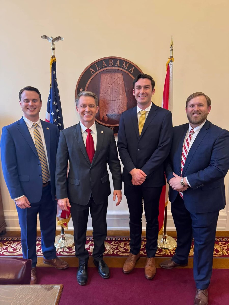 I enjoyed my visit with Alabama House Majority Whip Rep. Brock Colvin, George Shipman, and Noah Campbell in my office. These Marshall County locals are great folks and it was a pleasure to meet with them. #alpolitics